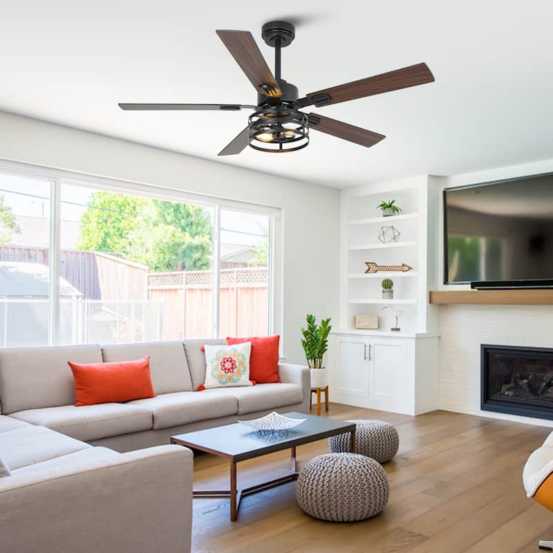 Vaczon 52" Industrial Reversible Wood 5-Blade Black Ceiling Fan with Light and APP Control