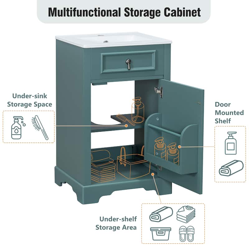 20" Bathroom Vanity with Ceramic Sink, Soft-Close Door, Adjustable Shelf, and Door-Mounted Storage Rack for Small Bathrooms