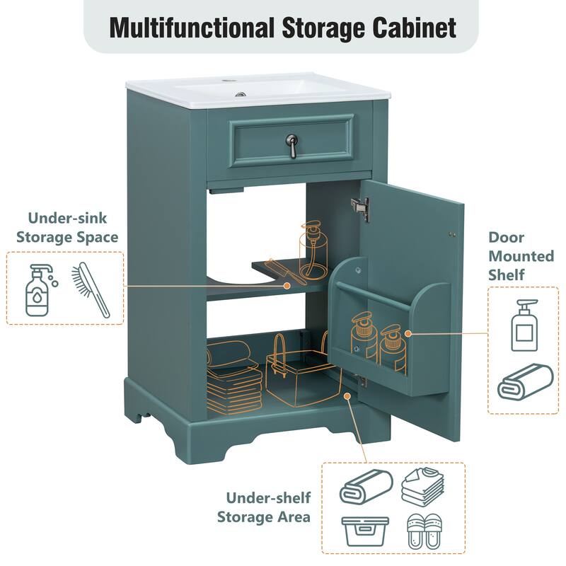 20-Inch Bathroom Vanity with Ceramic Sink, Soft Close Door, Adjustable Shelf, and Door-Mounted Storage Rack