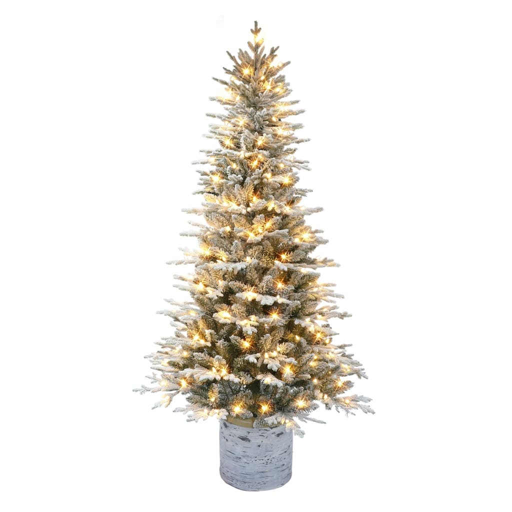 Pre-lit Potted Arctic Fir Flocked Artificial Christmas Tree - 6’ - Warm Lights - 6 Foot