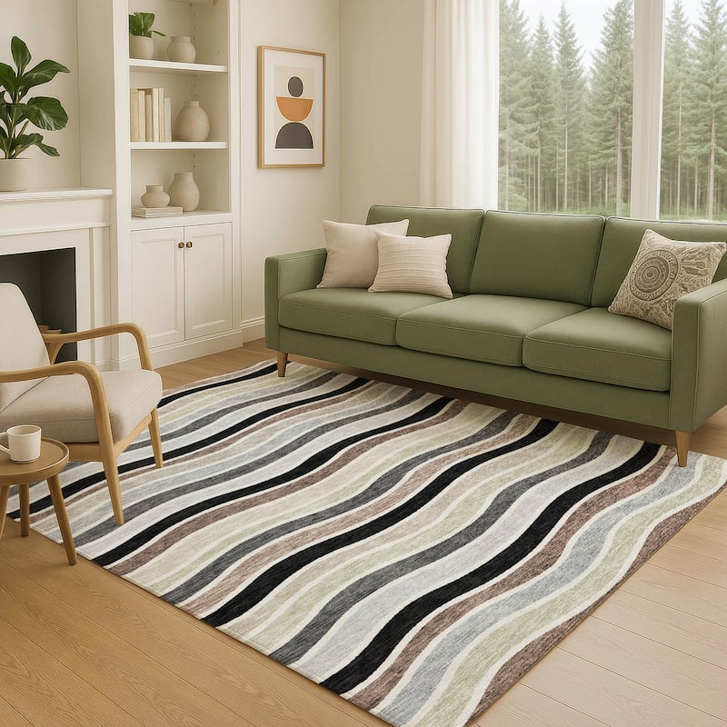 Machine Washable Indoor/ Outdoor Contemporary Stripe Chantille Rug