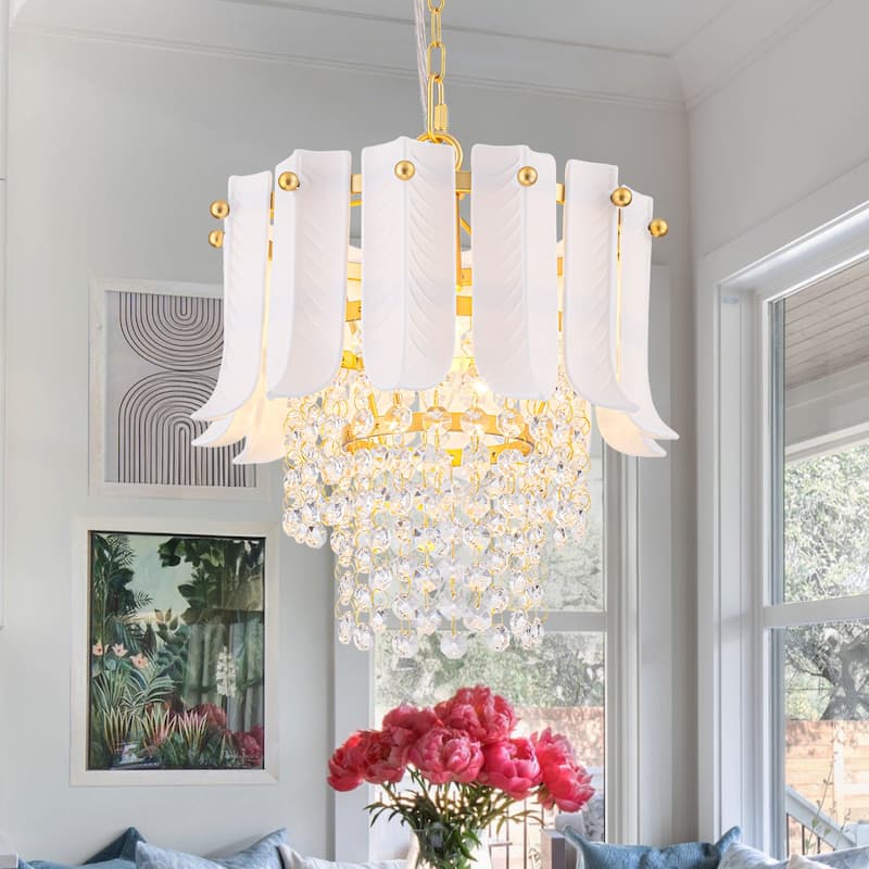 Brushed Gold Crystal Pendant Light with White Ceramic Shades Dining - Dia.9.84-in - Dia.9.84-in