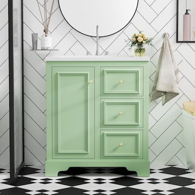 30" Bathroom Vanity Cabinet with Ceramic Basin, Adjustable Shelves and 3 Drawers