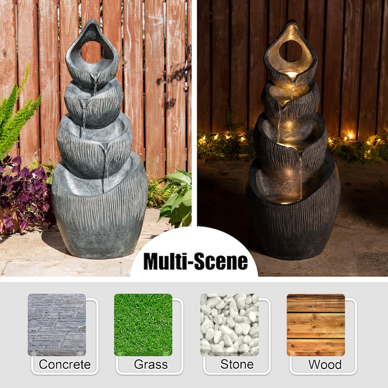 Glitzhome 34"H 4-Tiered Pre-lit Zen-Style Alms Bowl Polyresin Indoor Outdoor Floor Fountain