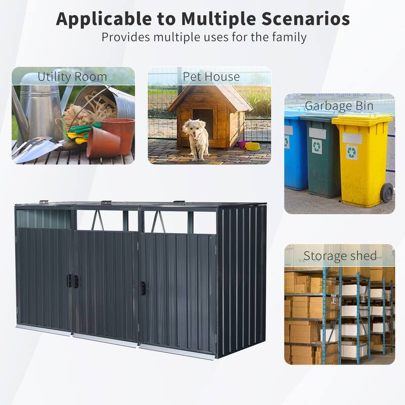 Garbage Bin Shed Stores 3 Trash Cans Metal Outdoor Bin Shed for Garbage Storage,Stainless Galvanized Steel, Bin Shed