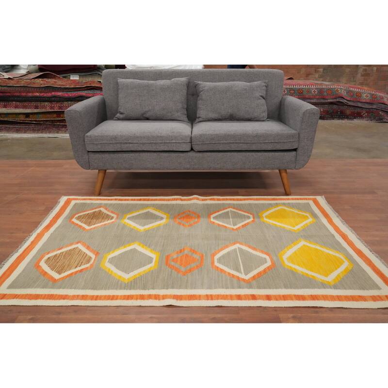 Hand Woven Oriental 100% Wool Carpet Southwestern Modern Greys & Charcoal Kilim Area Rug - 5' 10'' X 3' 10''