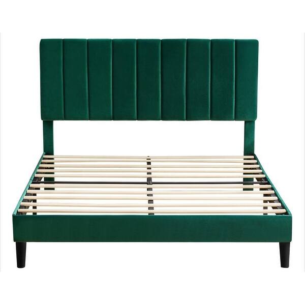 Green Platform Bed Frame with Upholstered Headboard Queen Slat Support NoiseFree Bed Frame