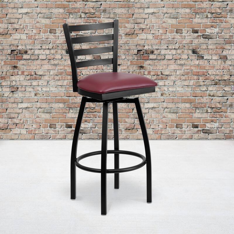 2 Pack Hercules Series Ladder Back Swivel Metal Barstool - 16.5"W x 20.5"D x 44.5"H - 16.5"W x 20.5"D x 44.5"H - Burgundy Vinyl Seat/ Black Metal Frame