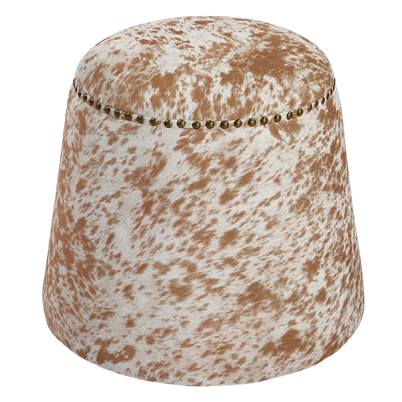 Cow Hide Pouf Ottoman with Nail Heads - 17" - Brown and White