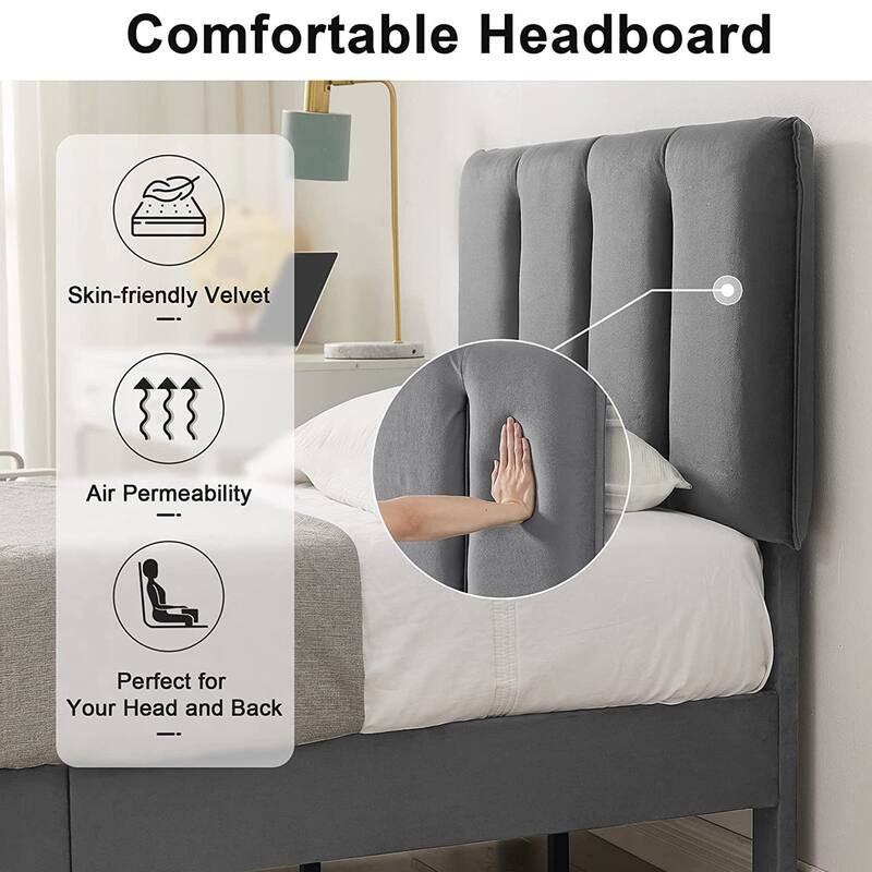 VECELO 3-Pieces Bedroom Sets Upholstered Bed Frame and Nightstands Set of 2 Dark Grey Platform Bed Frame