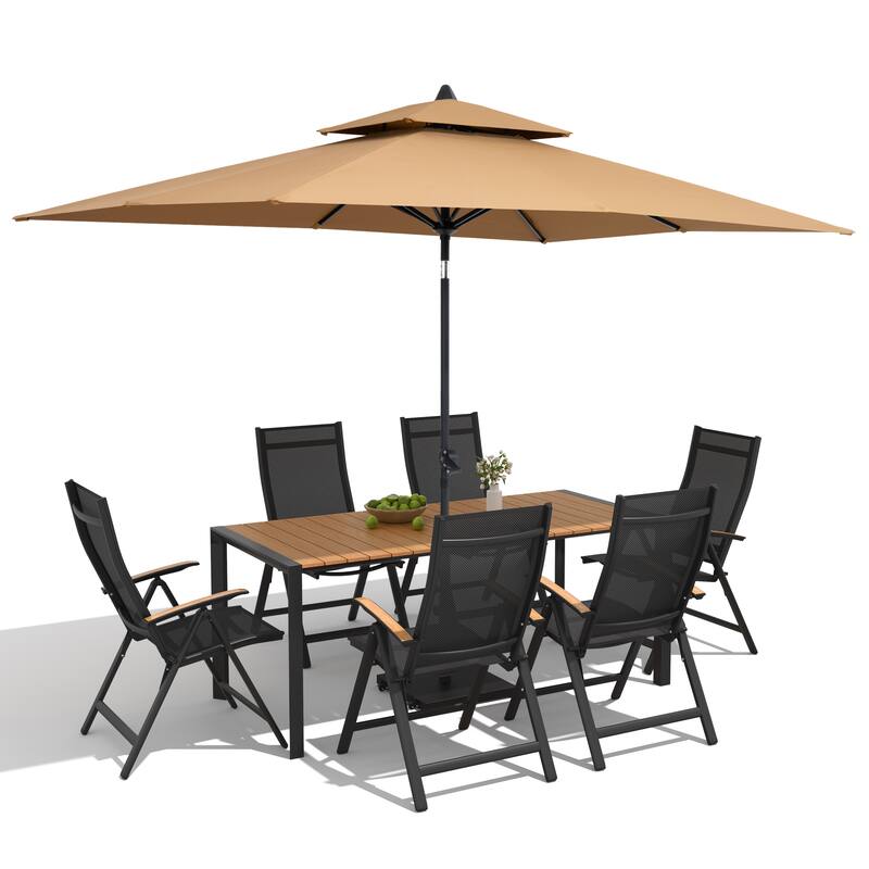 9/11-Piece Outdoor Patio Dining Set Aluminum Dining Table and Chairs w/10 ft Market Umbrella and Base with Wheels