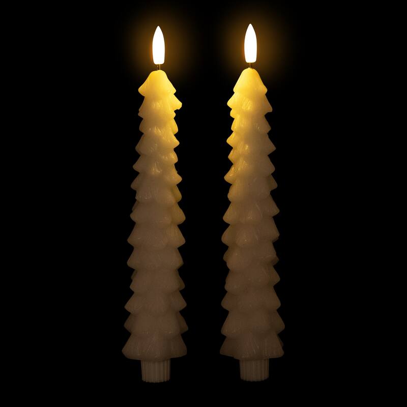 Flickering LED Flameless Wax Tapered Christmas Tree Candles - 9.75" - Set of 2