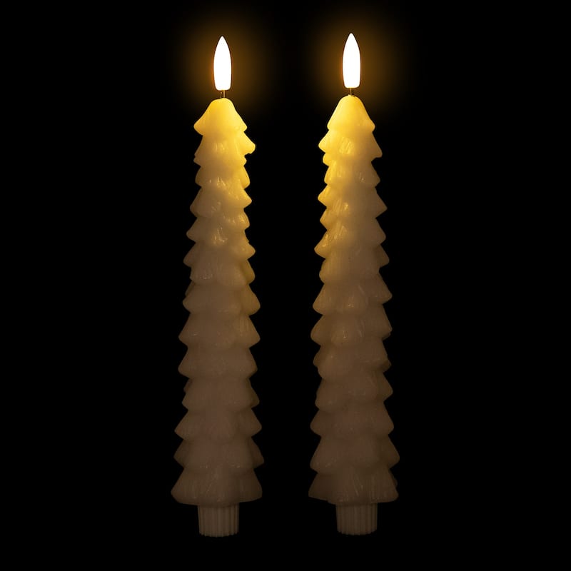 LED Flickering Flameless Wax Tapered Christmas Tree Candles - 9.75" - White - Set of 2