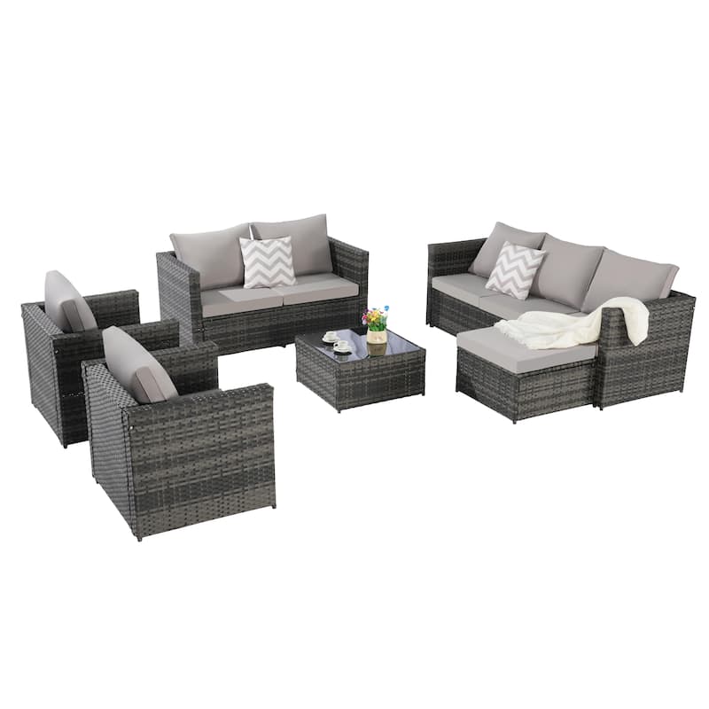 6-Piece Outdoor Patio Rattan Conversation Sectional Sofa Set with Tempered Glass Coffee Table and 2 Armchair