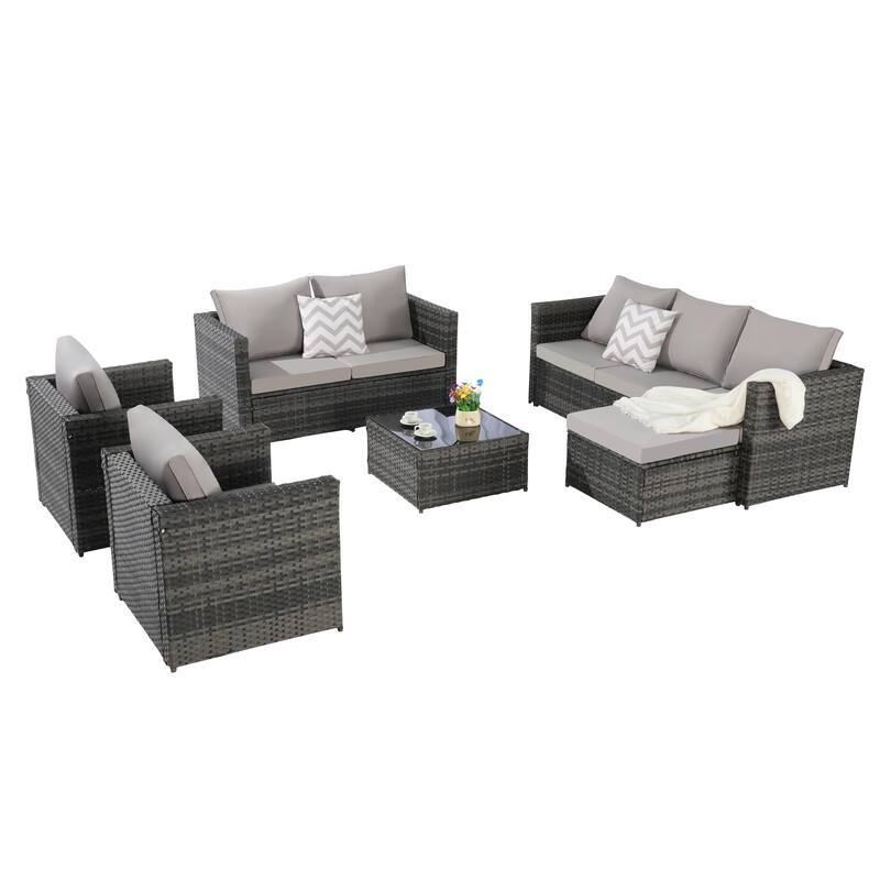Large Modular Sectional Couch Wicker Rattan Conversation Set All Weather Recliner Couches with Glass Table and Pillows, 6 Piece