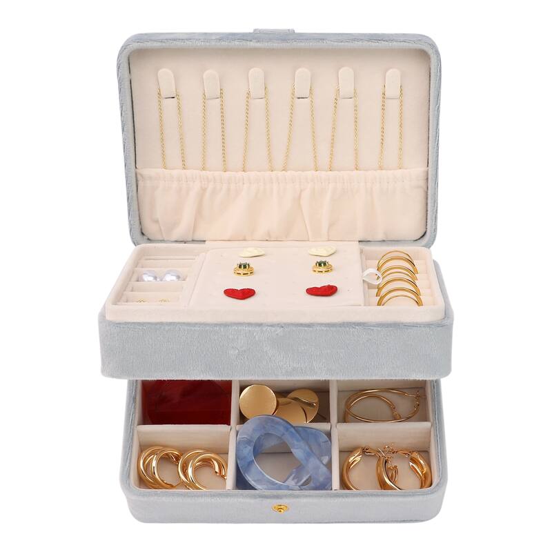 2 Layer Jewelry Box for Women, Plush Velvet Jewelry Organizer Case Storage Display Holder with Drawer, Removable Jewelry Tray