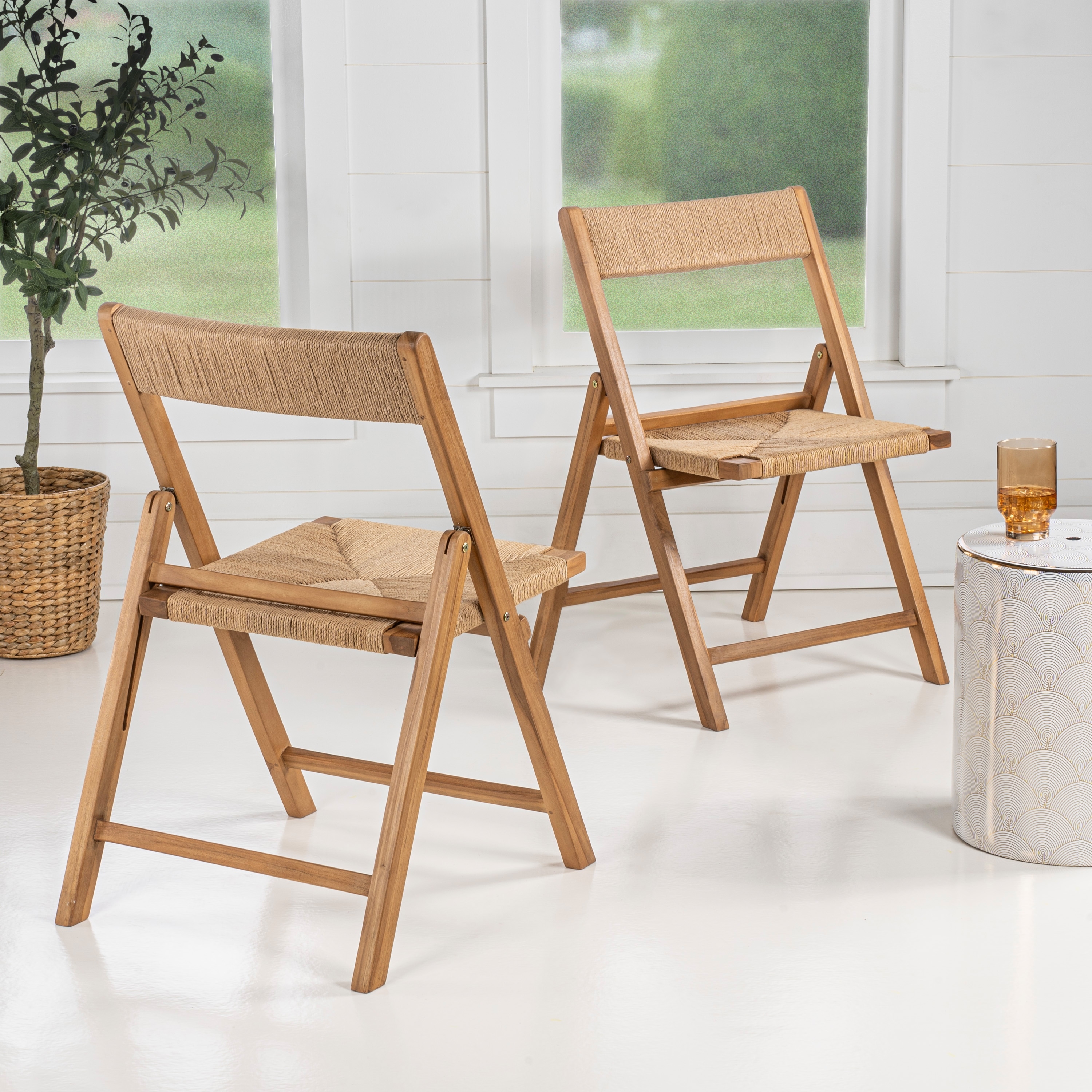Kiawah Coastal Woven Seagrass and Teak Wood Folding Chair, Indoor Space-Saving Armless Chair for Dining/Living Room (Set of 2)
