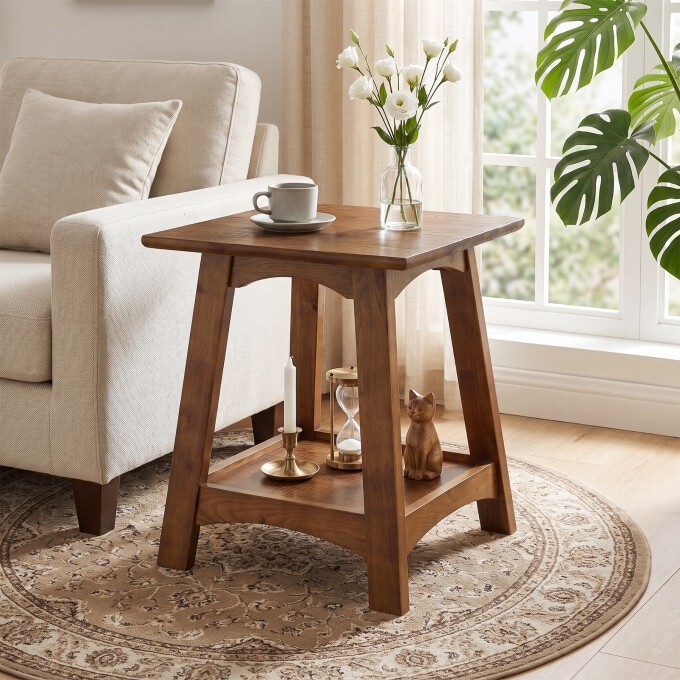 19.68'' Square Solid Wood End Table, Farmhouse Nightstand with Open Storage Shelf