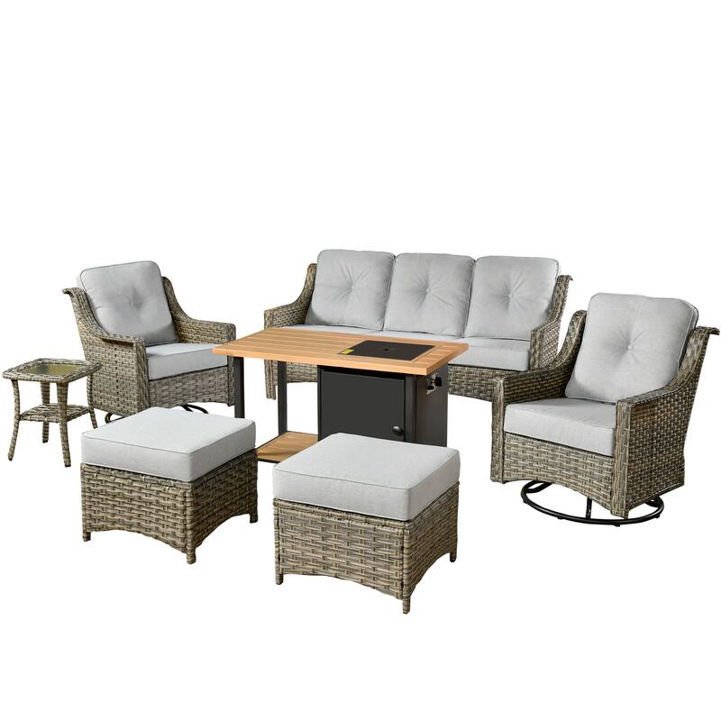HOOOWOOO 7-piece Wicker High Back Patio Furniture Swivel Rocker Set with Fire Pit