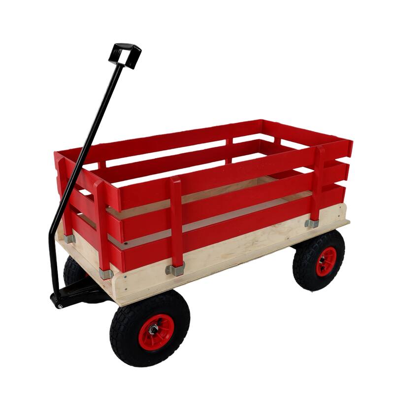 Children's and garden wooden carriages all terrain rubber inflatable wheelers - Red