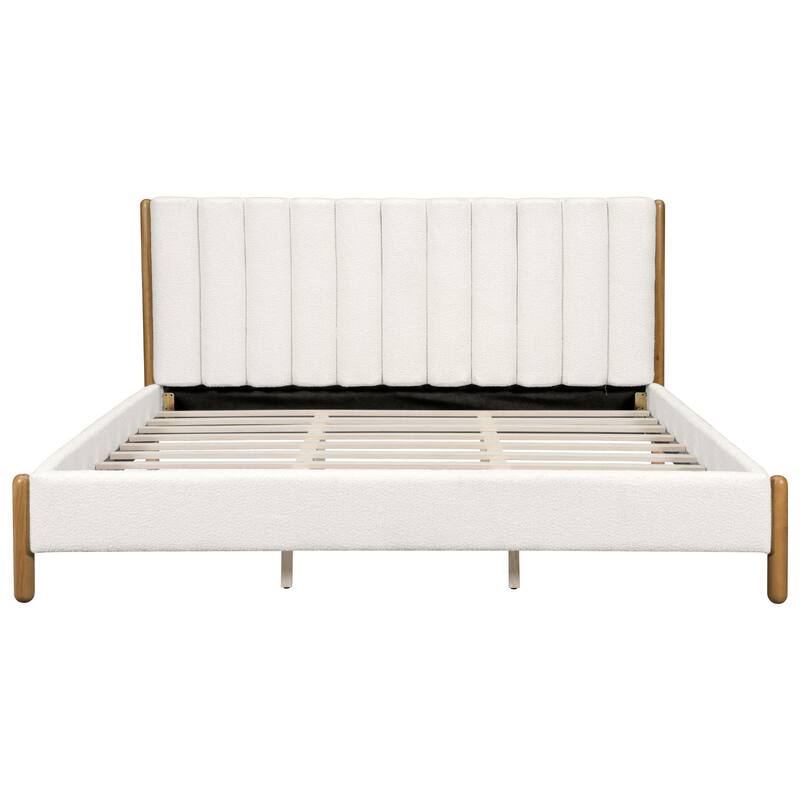 White Low Profile Bed Boucle Upholstered Bed with Oval Bed Legs, Wood Slat Support Platform Bed Frame Center Support Legs