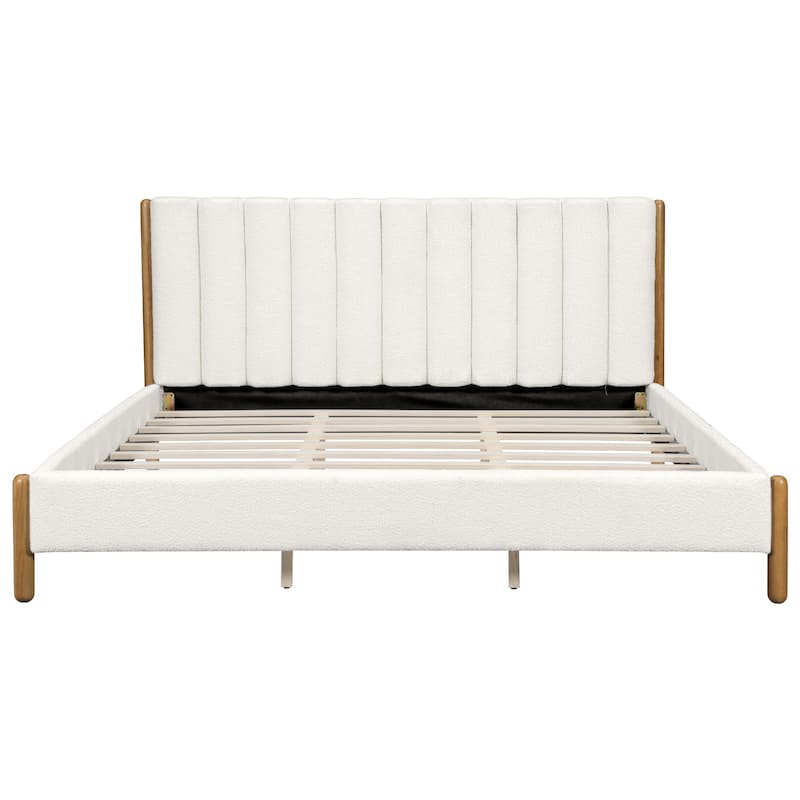 White Upholstered Fabric Bed Frame Platform Bed with Vertical Channel Tufted Headboard, Rubberwood Legs, No Box Spring Needed