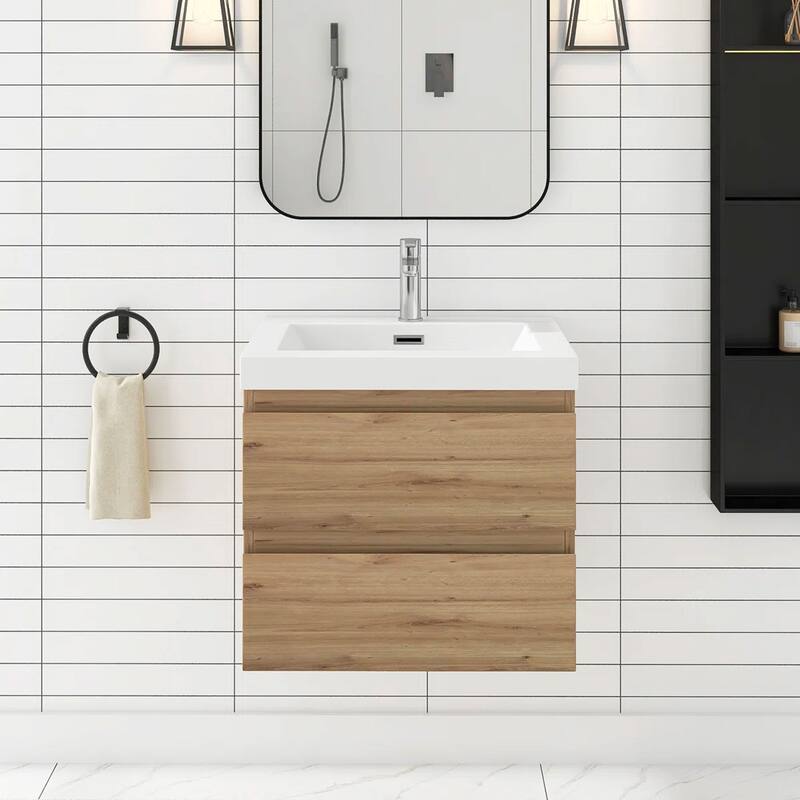 Floating Bathroom Vanity with Resin Top - 23.62'' x 19.69'' x 22.44'' - Natural Oak