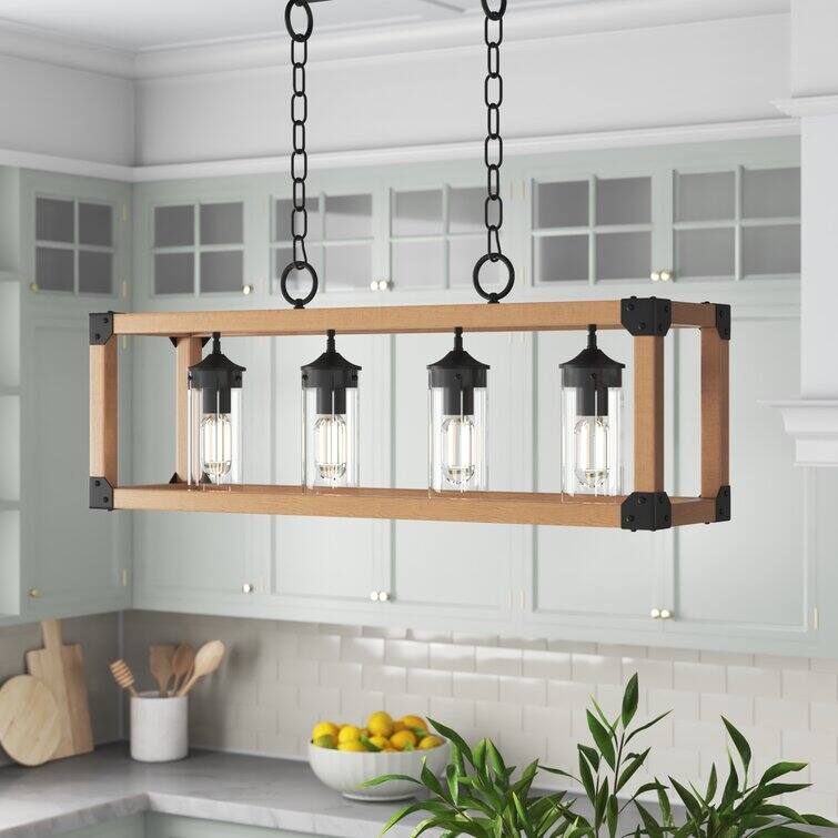 Maxax 4 - Light Kitchen Island Rectangle Chandelier with Wood Accents - MX19045-4-P