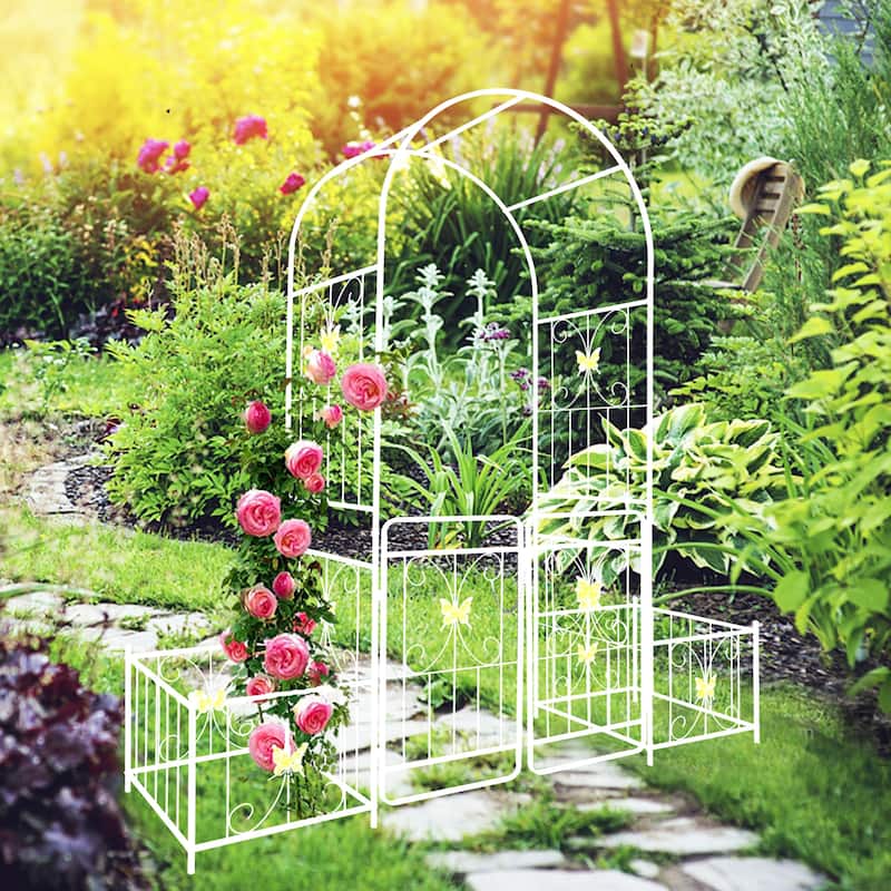 Metal Garden Arch with Gate 79.5'' Wide x 86.6'' High Climbing Plants Support Rose Arch Outdoor Cream