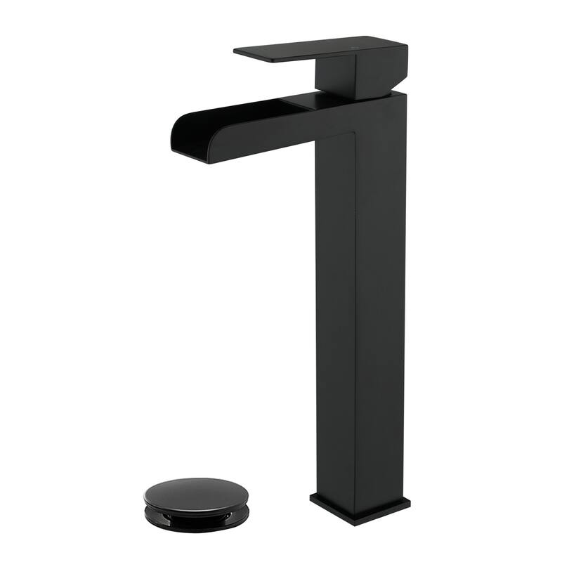 Waterfall Single Handle Bathroom Vessel Sink Faucet with Pop-up Drain 304 Stainless Steel 1 Hole High Tall Basin Vanity Taps - Matte Black