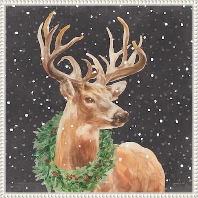 Woodland Holidays Stag Black by Danhui Nai (22 x 22 in.), Framed Canvas Wall Art Print - Sylvie Beaded White
