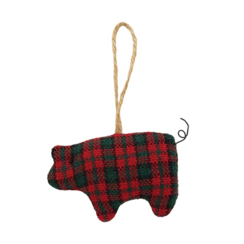 Red-Green Plaid Fabric Pig Ornament with Jute String Hanger - 3.50 x 0.75 x 2 in. - Green/Red