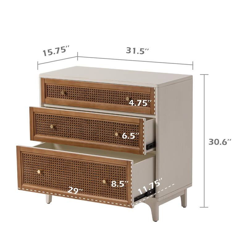 COZAYH Woven Cane Front Accent Nightstand with Brass Knobs, Accent Dresser