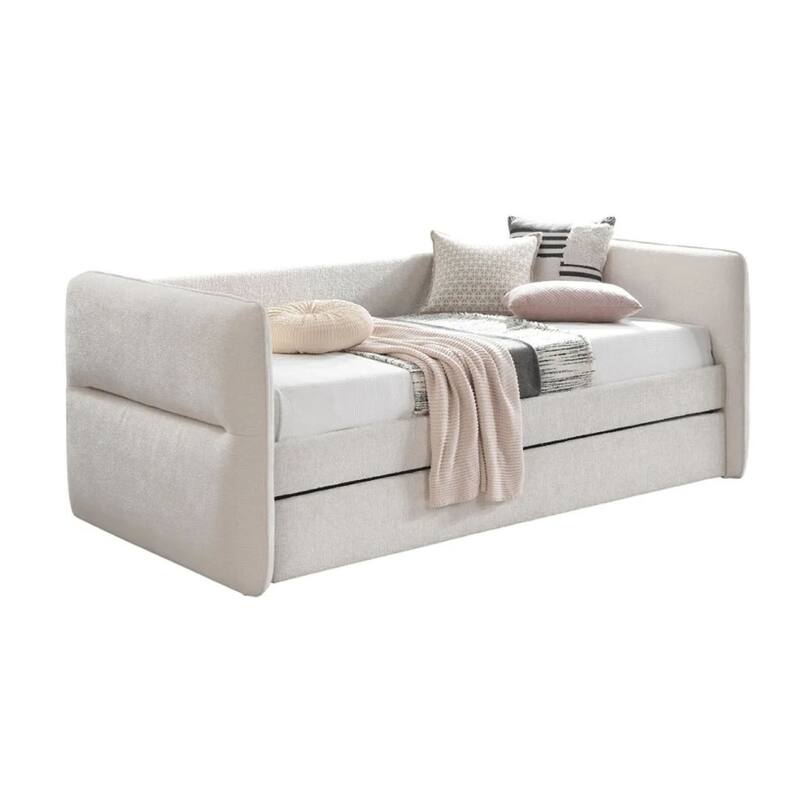 Wemy Daybed w Pull Out Trundle, Modern Ivory Chenille Upholstery