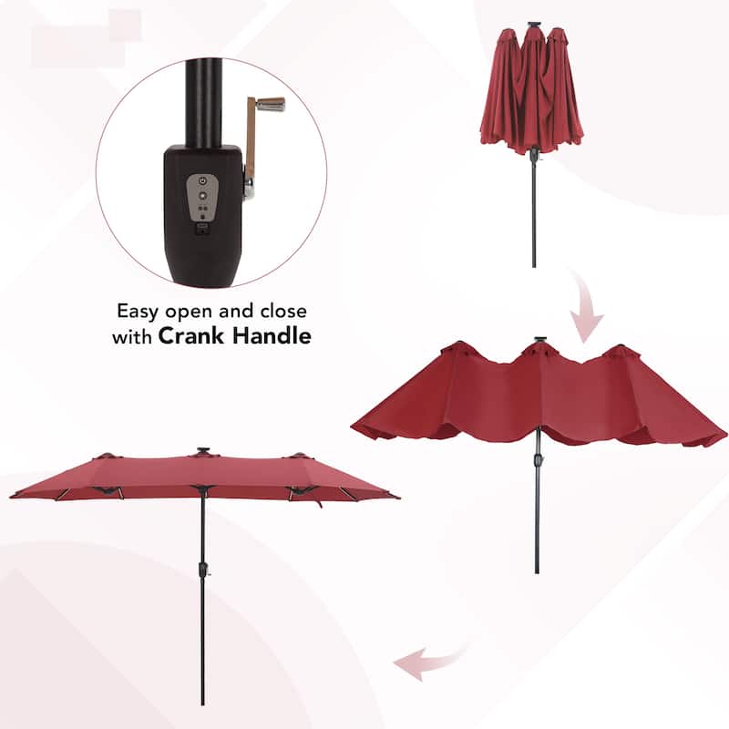 MAISON ARTS Double-Sided 13-foot Twin Outdoor Market Crank Umbrella with Colored LED Lights