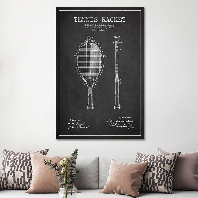 iCanvas "Tennis Racket Charcoal Patent Blueprint" by Aged Pixel Canvas Print