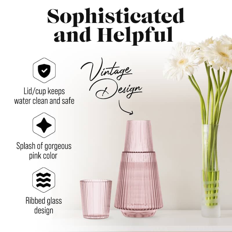 American Atelier Vintage Bedside Water Ribbed Carafe with Lid Tumbler