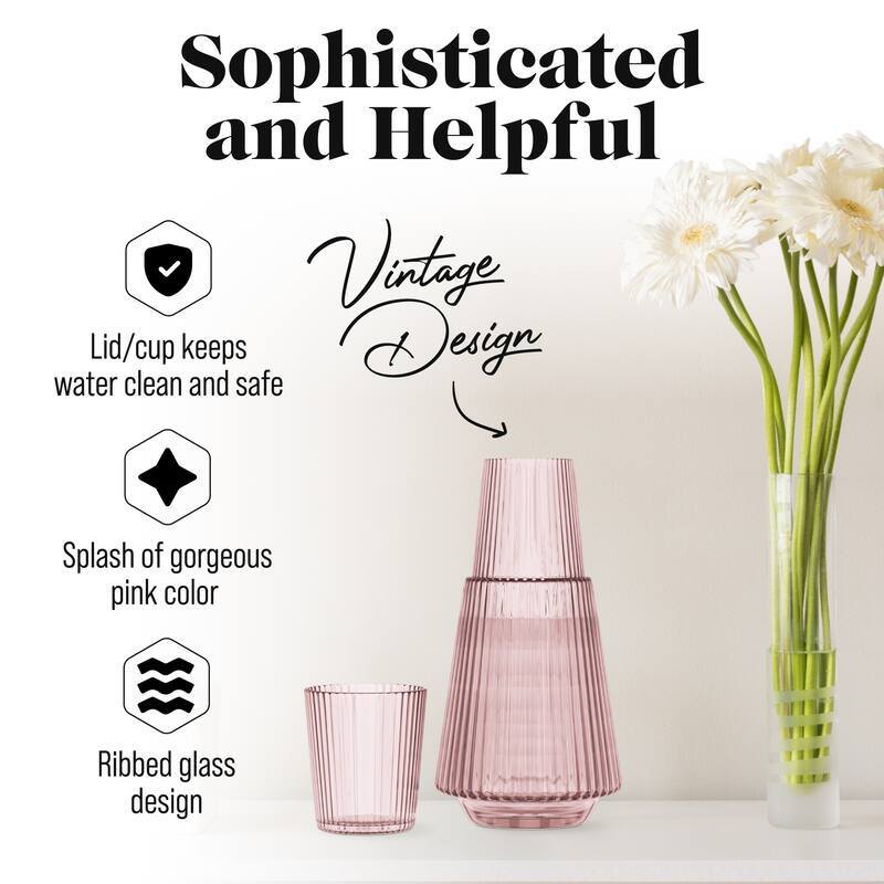 American Atelier Vintage Bedside Water Ribbed Carafe with Lid Tumbler