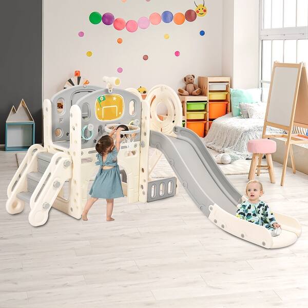 slide 2 of 32, Kids Slide Playset Structure 7 in 1 with Slide and Basketball Hoop Grey