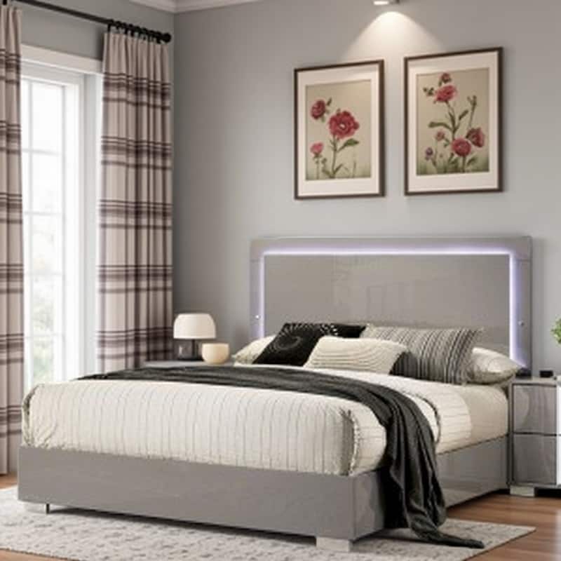 Queen Size Bed with LED-Illuminated Headboard, Sleek UV Finish, Chrome Legs and Vertical Handle Accents - taupe - Queen