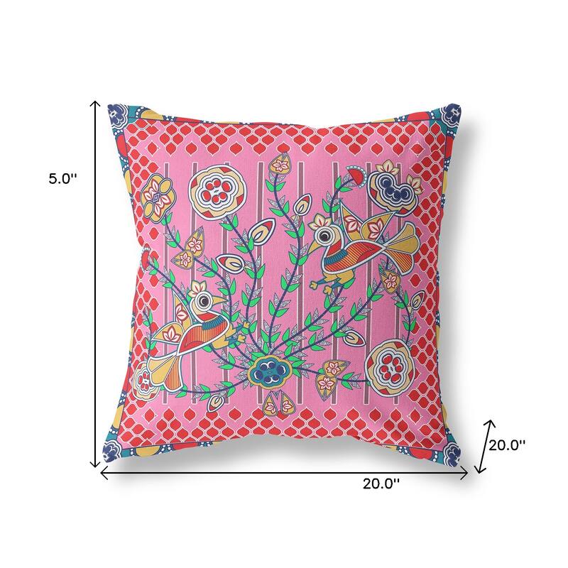 HomeRoots 20" x 20" Pink Peacock Blown Seam Floral Indoor Outdoor Throw Pillow - 20.00' X '5.00' X '20.00