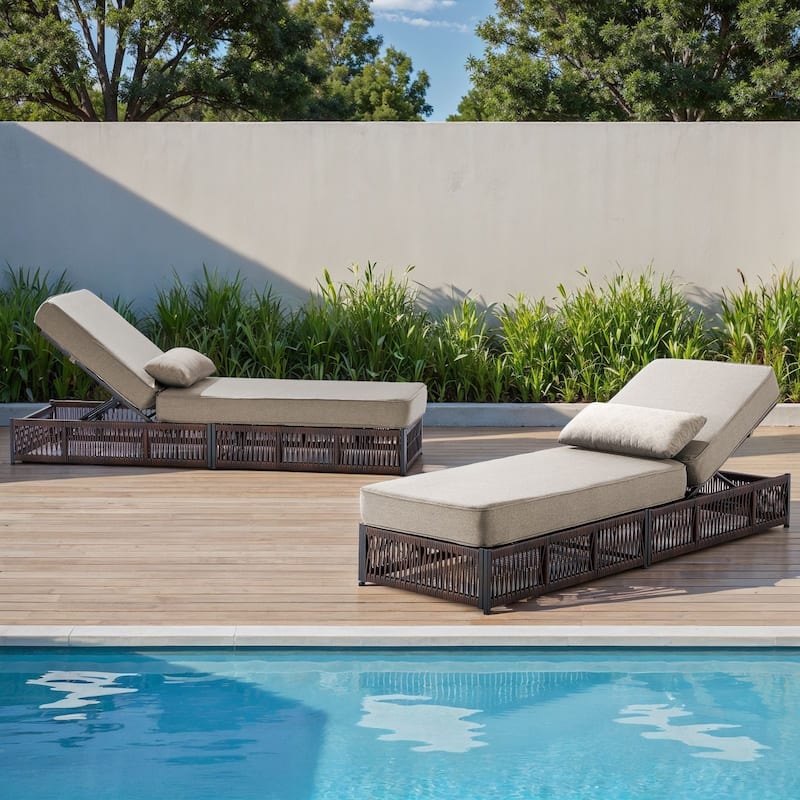 Gymojoy Outdoor Patio Chaise Lounge Chair, Luxury Rattan Recliner with 6-Position Backrest & 5-Inch Thick Cushions Set of 2
