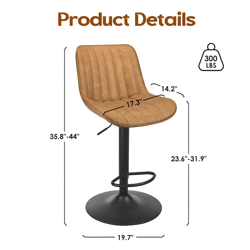 Bar Stools Set Of 2,Swivel Adjustable Barstools,Bar Height Stools With Back Support,Pu Leather