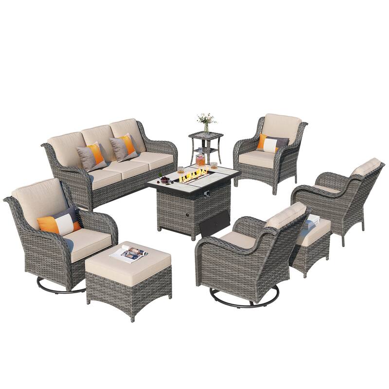 OVIOS 9-piece Patio Wicker Swivel Rocking Chair Set With Fire Pit