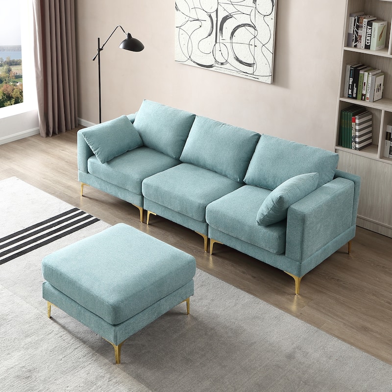 92'' Fabric L-Shape 3-Seater Sofa with Ottoman, Gold Metal Legs, and Toss Pillows
