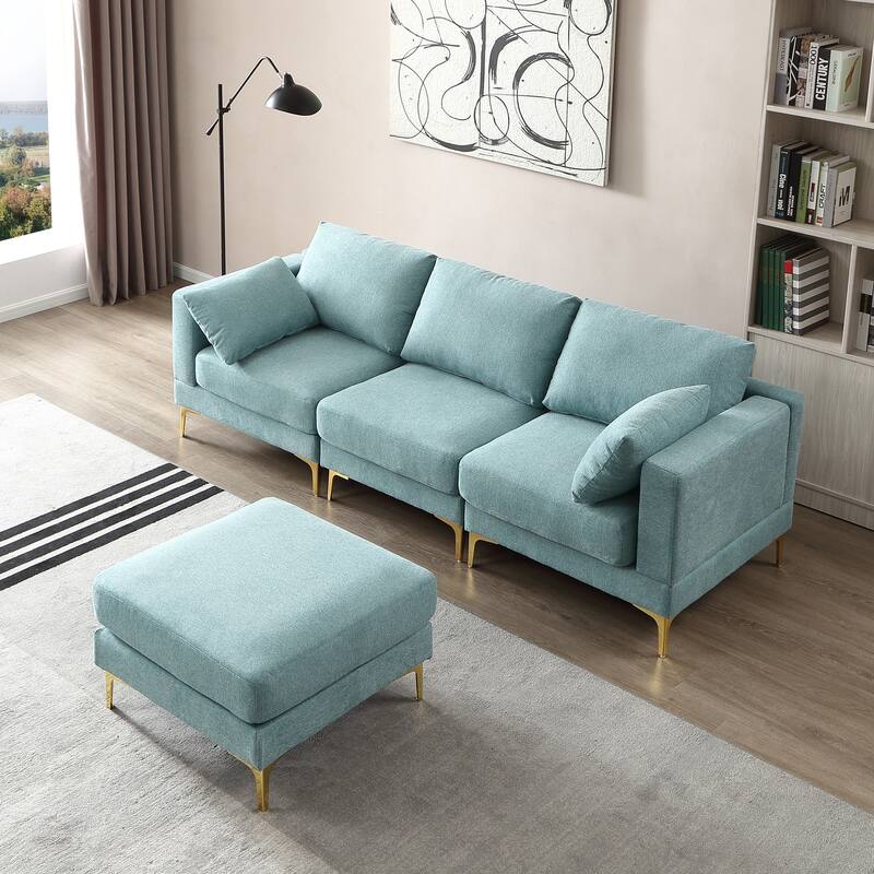 92'' Modern Turquoise L-Shaped 3 Seat Sofa with Ottoman, 2 Pillows, Gold Metal Legs, and Polyester Upholstery