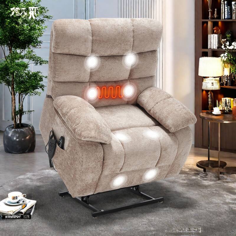 Oversized Chenille Power Lift Recliner Chair with Massage and Lumbar Heating, Charging Port, 180° Lying Flat - Beige