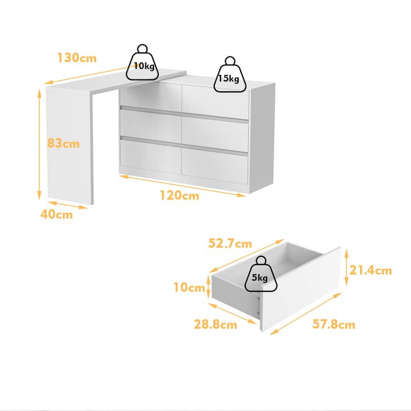 L-Shaped Desk with 6 Drawer Dresser, Extendable Adjustable Vanity Writing Table, Handleless Storage Cabinet
