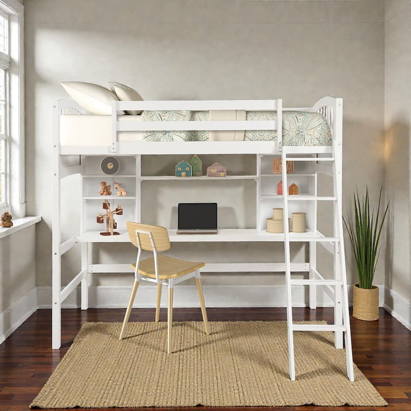 Twin Loft Bed with Desk and Storage Shelves, Solid Wood Loft Bed Frame with Ladder, Space Saving Design