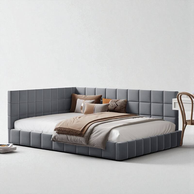 Full Size Upholstered Mid-Century Daybed Sofa Bed Frame with Velvet Fabric and Slats Support - Grey - Full